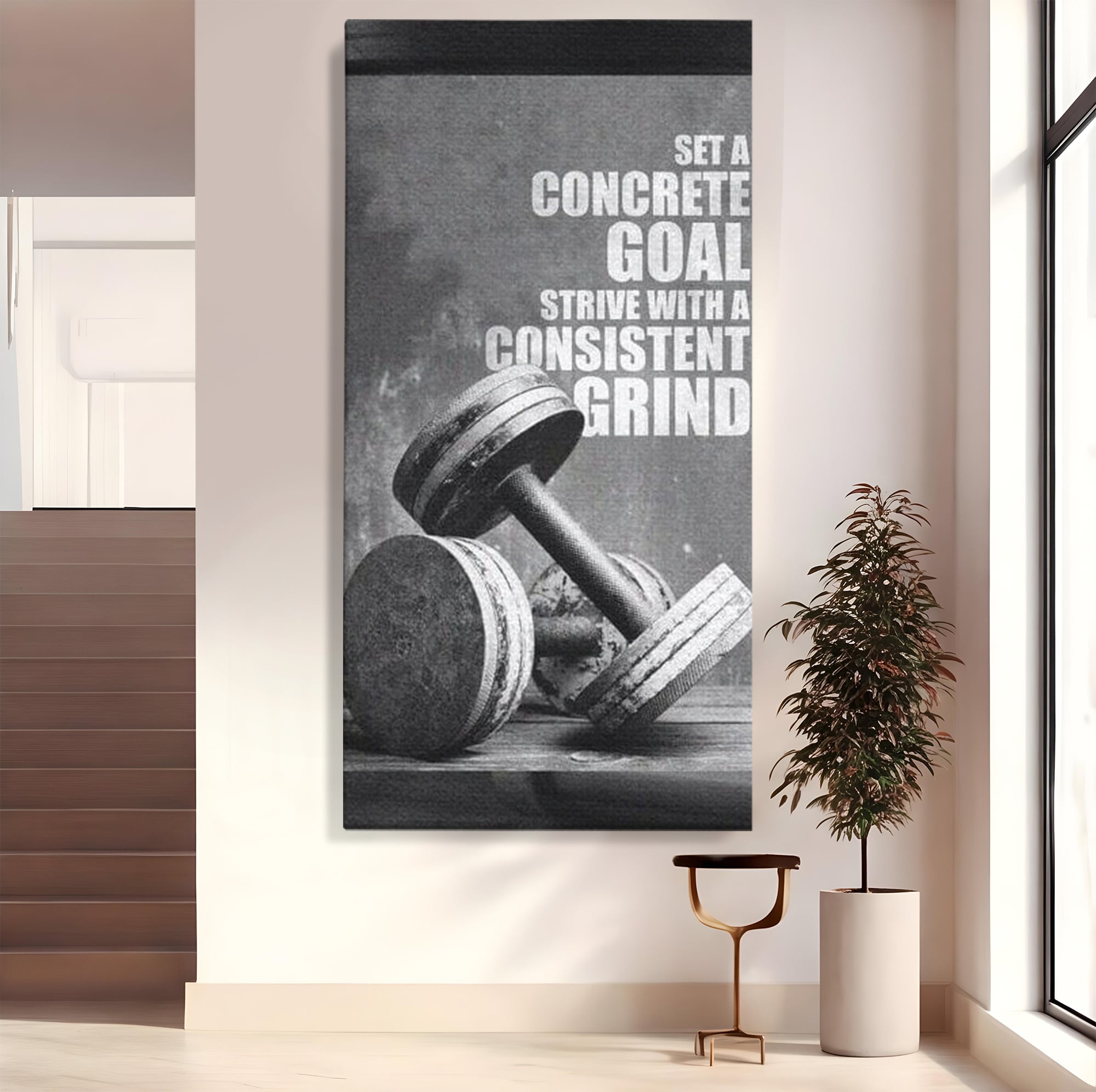 Tablou canvas cu tablou motivational cu gantere si text, fara rama, pe sasiu de lemn